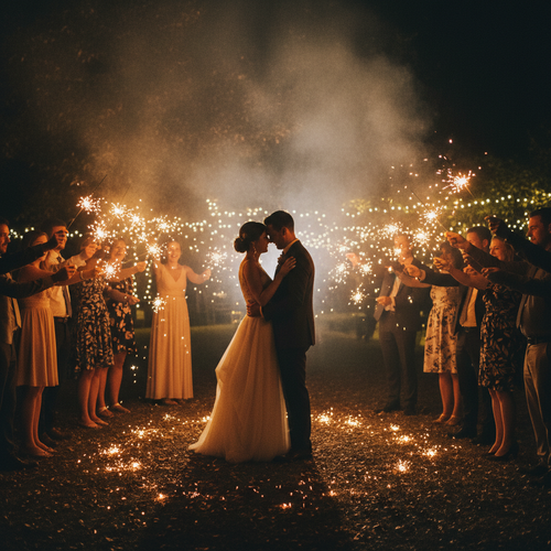 Wedding sparklers first dance, couple silhouetted with guests holding glowing sparklers